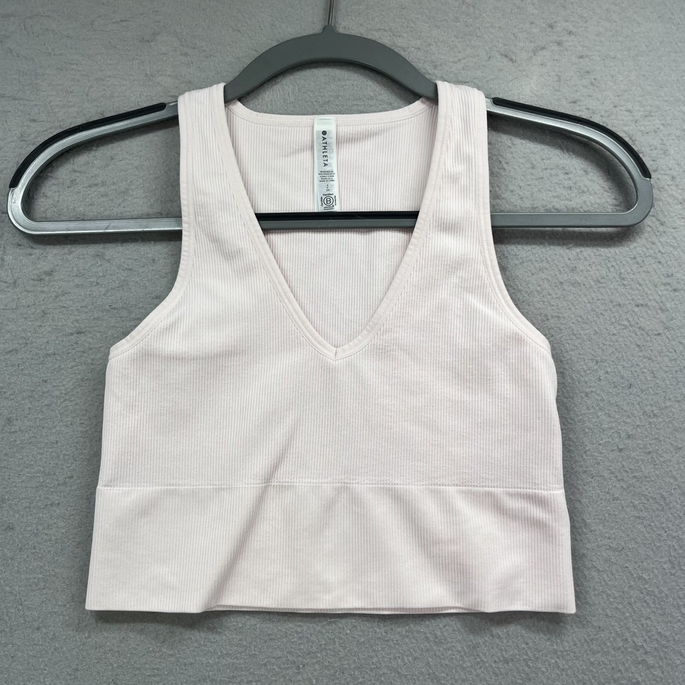 Athleta Tank Top Womens S Light Pink Ribbed V Neck Seamless Crop Yoga Sports Bra